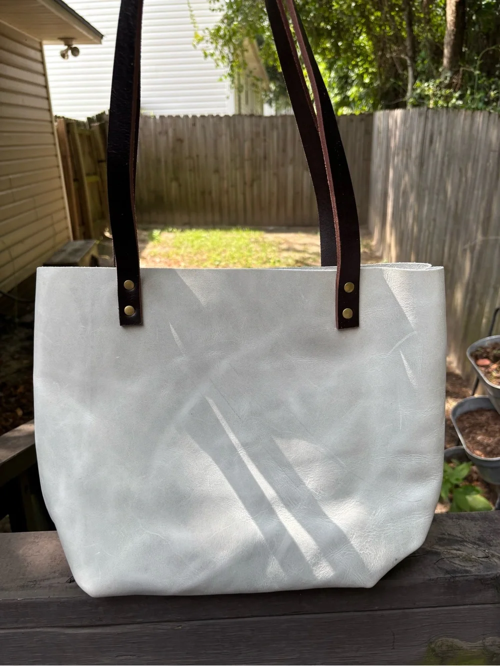 Portland Leather Medium Beluga Tote Bag with Brown Leather Straps - White